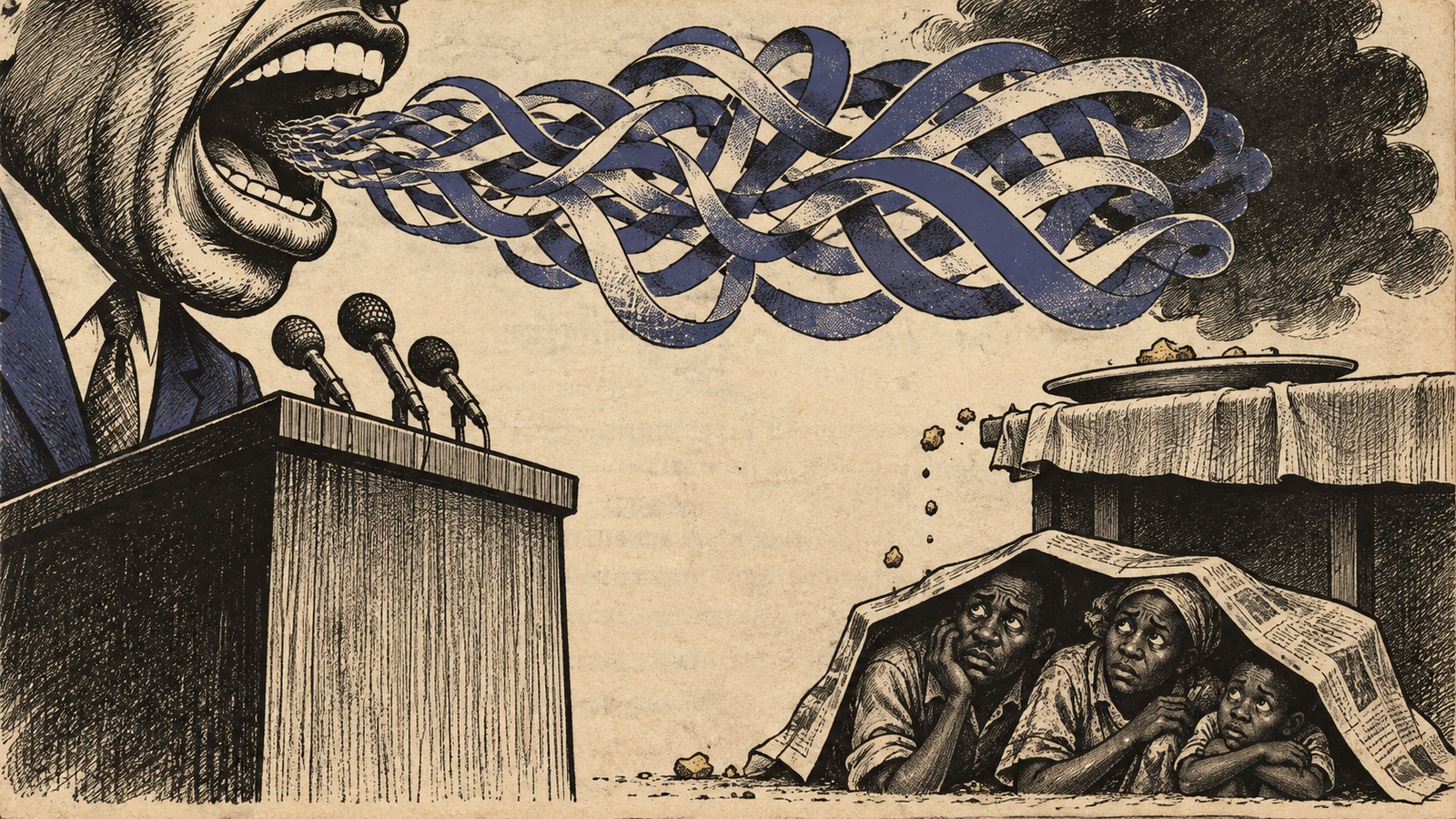 Vintage newspaper-style illustration of a poet speaking at a podium