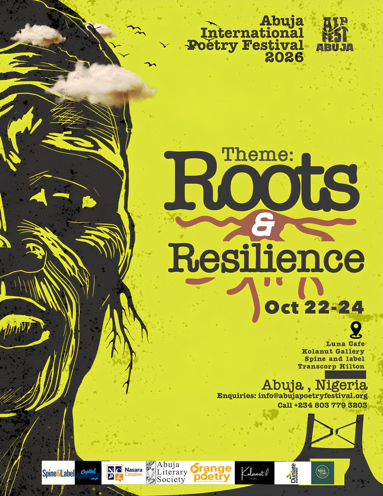 General poster for the 2026 Abuja International Poetry Festival, 22–24 October 2026; not specific to the Inherited Tongues reading